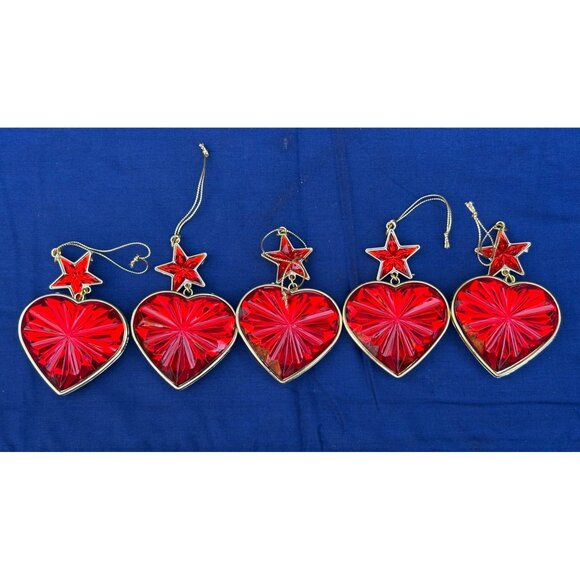Vintage Set of 5 Star Hearts Red Glitter Hanging Ornaments Double Sided 80's - Picture 1 of 6